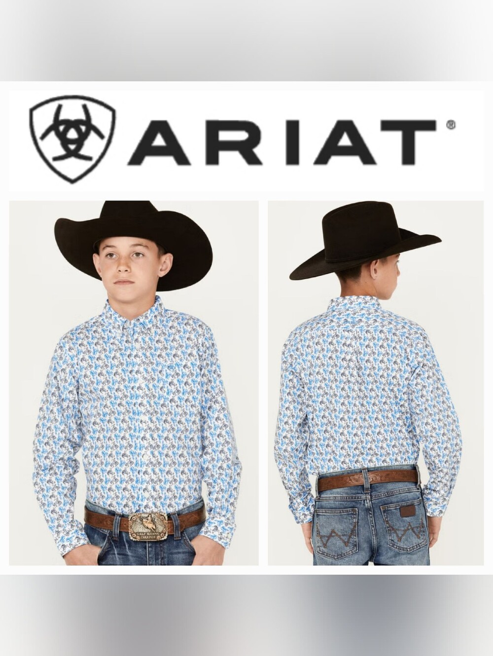 Ariat Boys' Pro Series Bronco Print Long Sleeve Peerce Buttondown Shirt Sz 7 XS